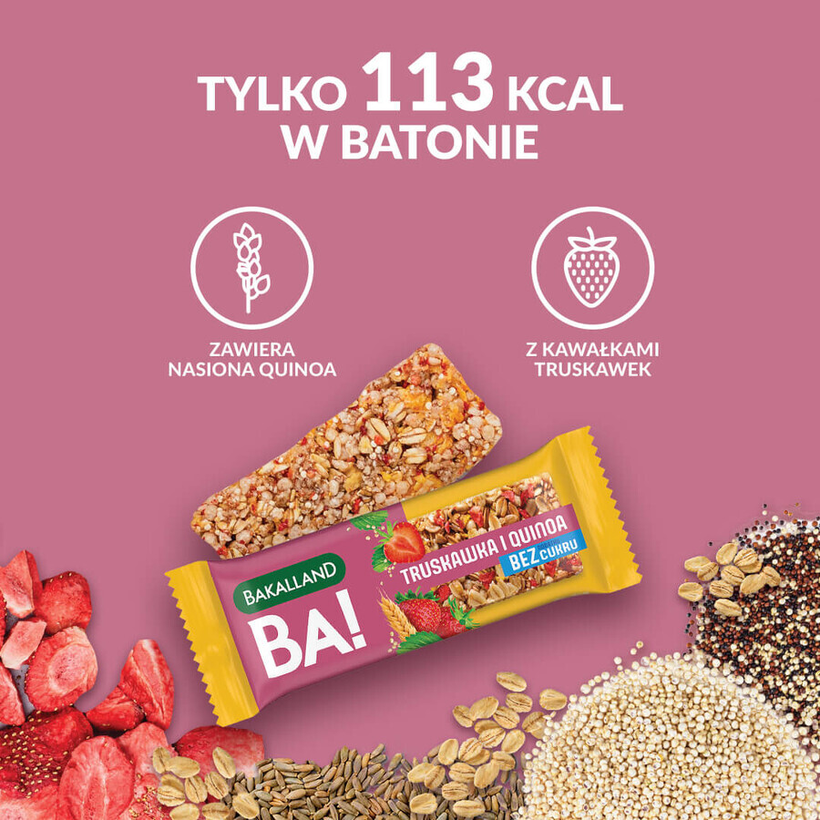 Bakalland BA! Baton de cereale, căpșuni și quinoa, fără zahăr adăugat, 30 g