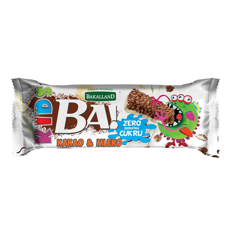 Bakalland BA! Batoane de cereale pentru copii, Cacao și lapte, fără zahăr adăugat, 25 g