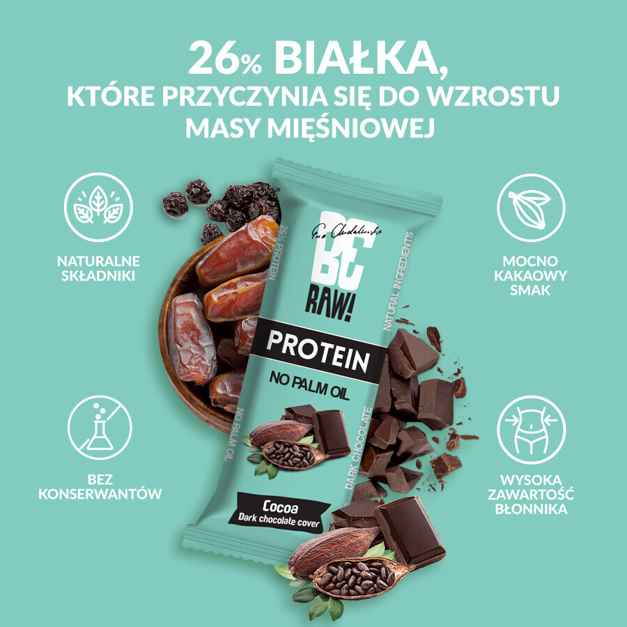 BeRAW! Protein, baton proteic, cacao crudă, ciocolată neagră, 40 g