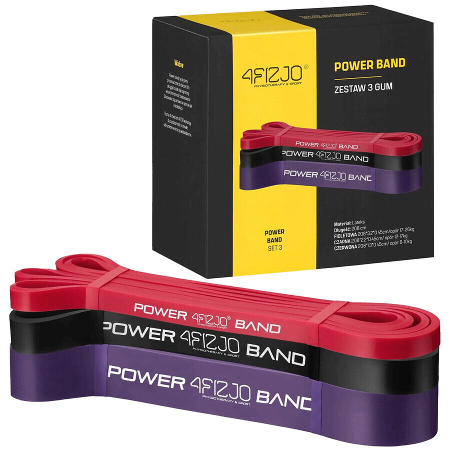 4Fizjo Power Band, set de benzi de rezistență pentru exerciții, 3 bucăți