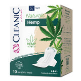 Cleanic Naturals Hemp, prosoape sanitare din bumbac organic și fibre de cânepă, cu aripi, Night, 10 buc