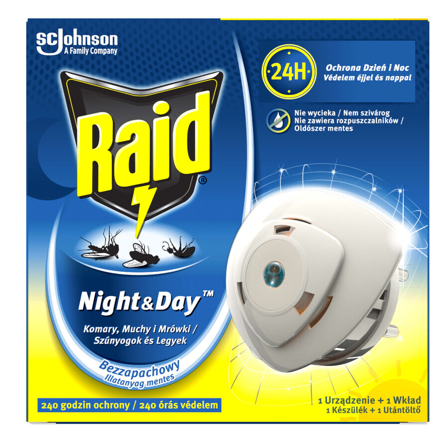 Raid Night &amp; Day Țânțari, muște și furnici, insecticid electro-fumigator cu cartuș înlocuibil