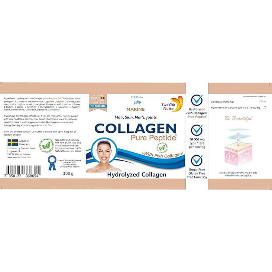 Pulbere de colagen hidrolizat tip 1 si 3 Marine Fish 10.000 mg, 300 g, Swedish Nutra