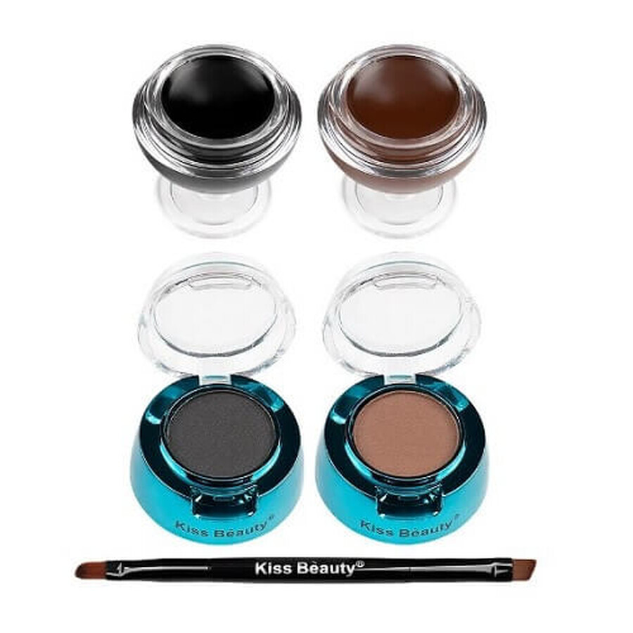 Kit Sprancene, Kiss Beauty, Fit Eye Durable, 2 Gel Sprancene, 2 Fard Sprancene, Pensula, Black-Brown