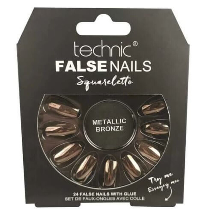 Set de 24 uñas postizas, con pegamento incluido, Technic, Uñas postizas, Squareletto, Bronce metalizado