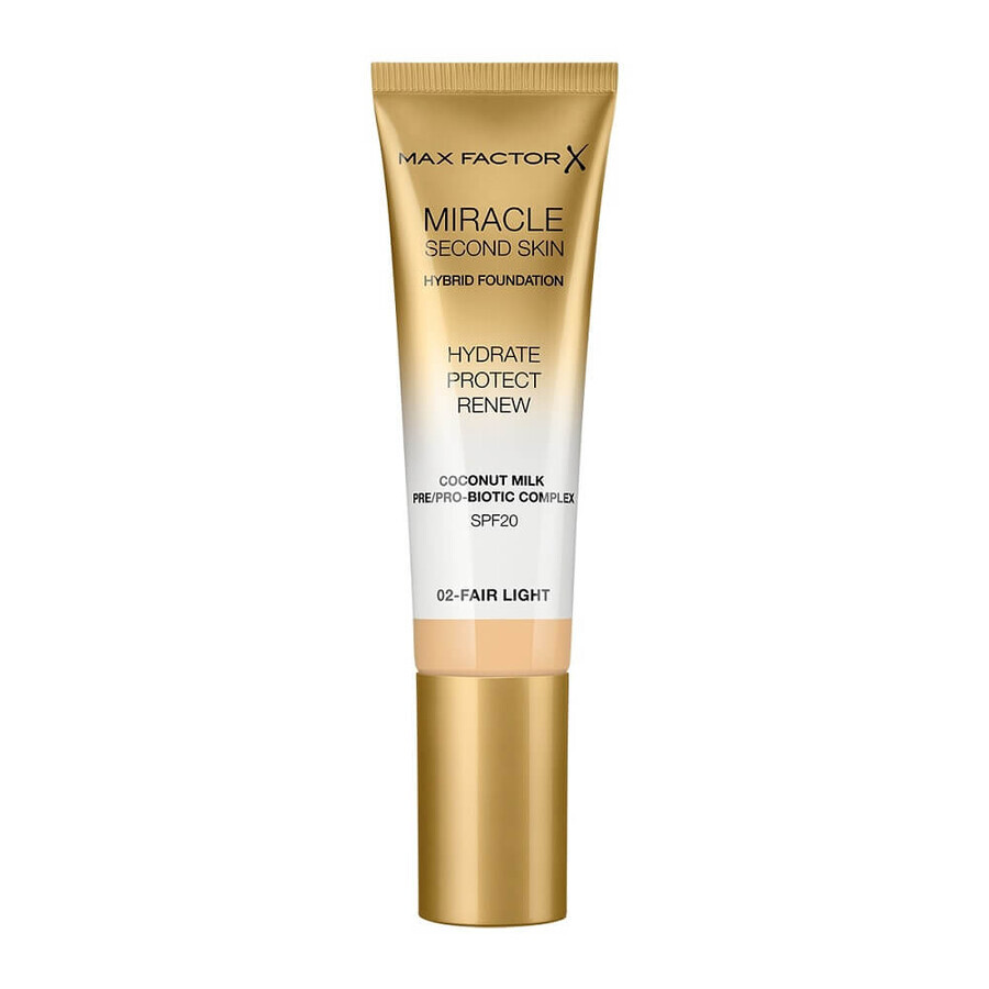 Max Factor Miracle Second Skin Miracle Second Skin Hybrid Foundation Fondotinta idratante con protezione solare 02 Fair Light, 30ml