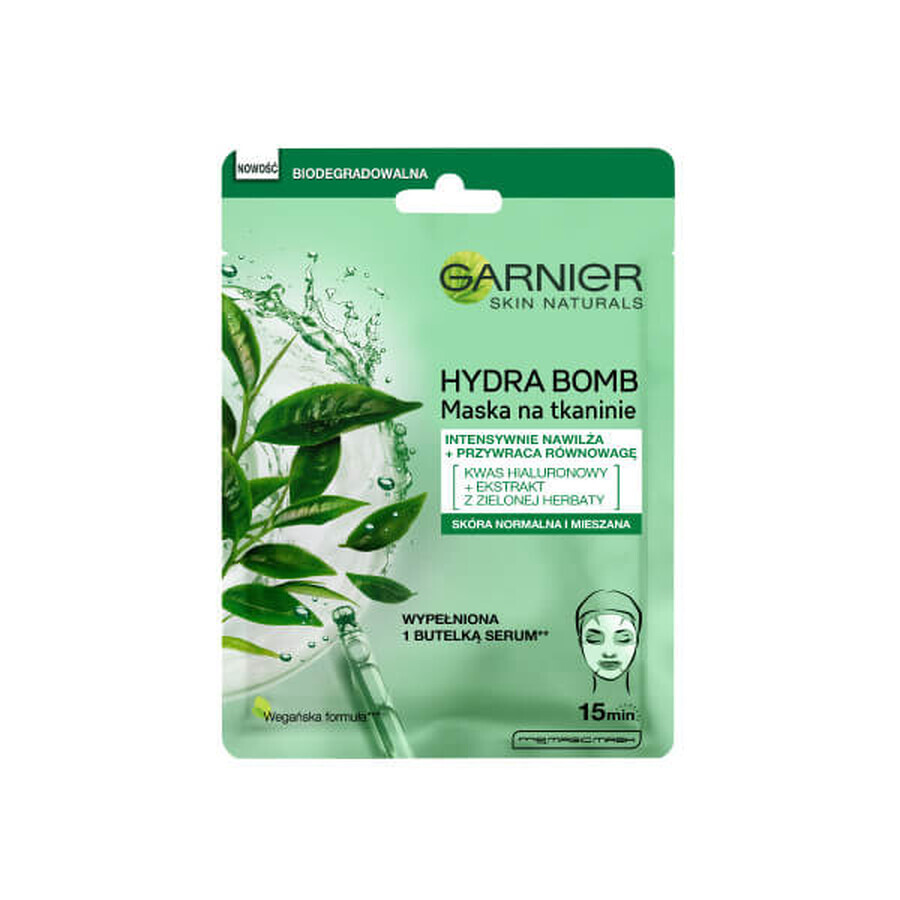 Masque Garnier Hydra Bomb à l'extrait de thé vert et à l'acide hyaluronique, 28g