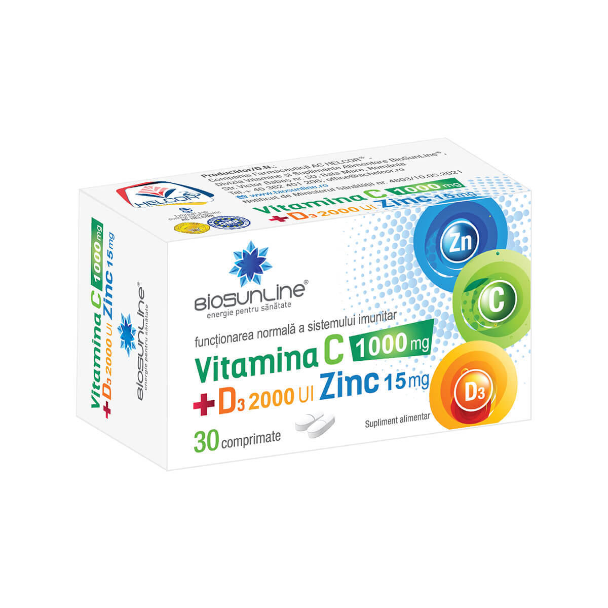 vitamina c 1000 mg + vitamina d3 si zinc Vitamina C 1000 mg + D3 2000 UI + Zinc 15 mg, 30 comprimate, Helcor