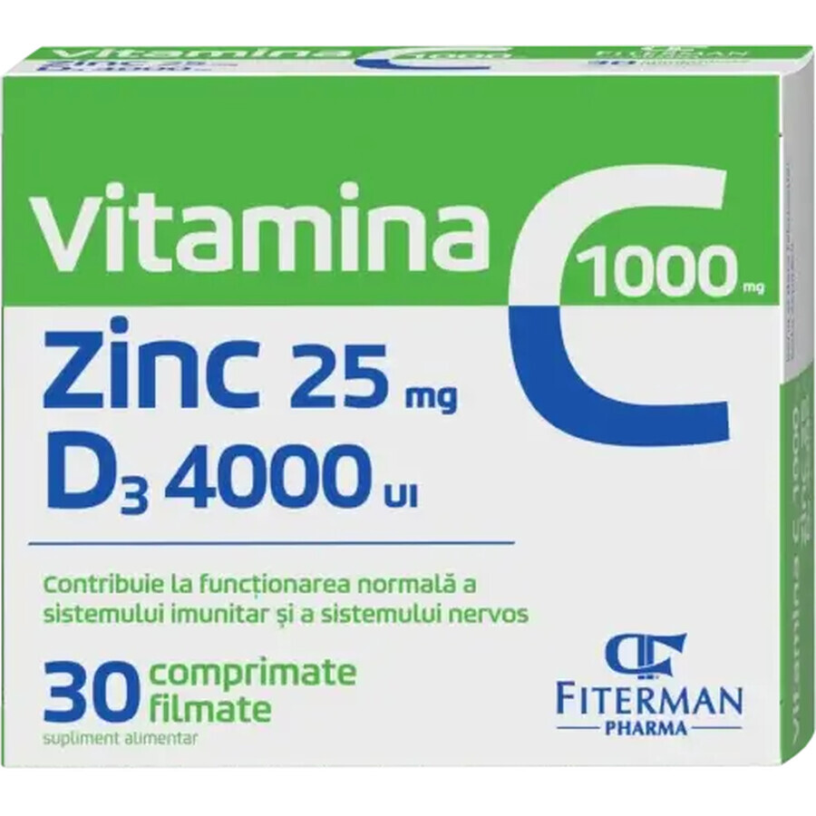 Vitamina C 1000 mg + Zn 25 mg + D3 4000 UI, 30 compresse rivestite con film, Fiterman Pharma