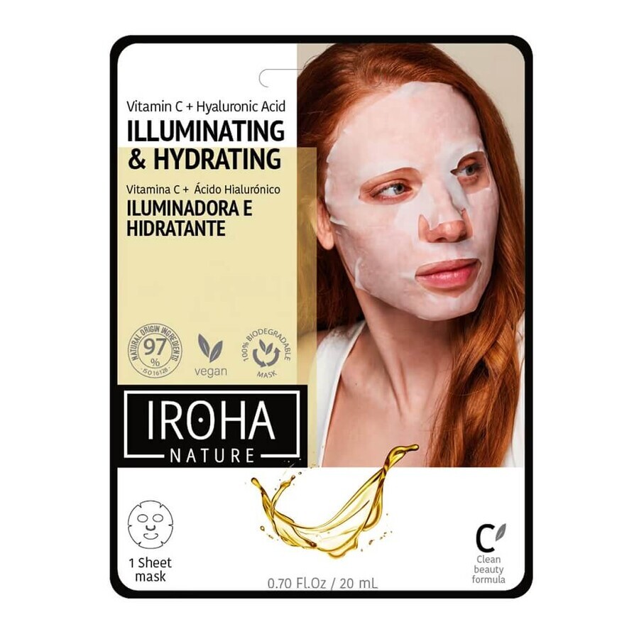 Iroha Nature Maschera illuminante e idratante per tessuti con vitamina C e acido ialuronico, 20ml