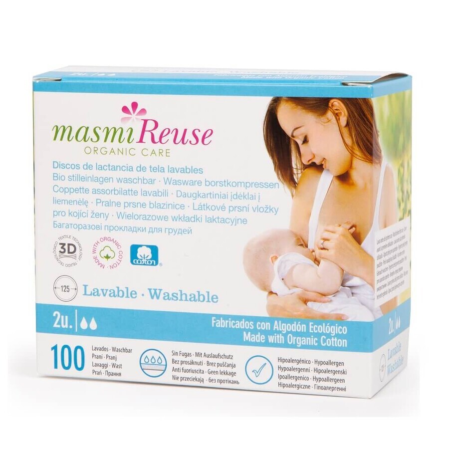 Masmi Reuse Organic Care Wiederverwendbare Stilleinlagen aus Bio-Büffel, 2 Stück.