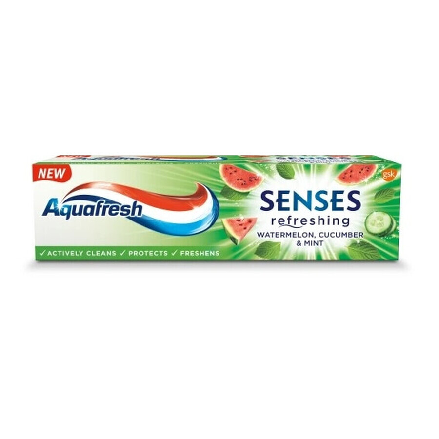 Aquafresh Senses Pastă de dinți răcoritoare Pepene verde amp; Castravete amp; Mentă, 75ml