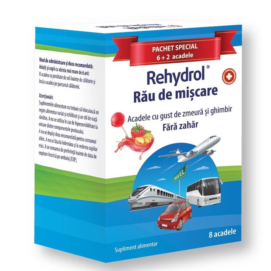 Acadele pentru rau de miscare cu zmeura si ghimbir Rehydrol, 6 + 2 acadele, MBA Pharma Innovation