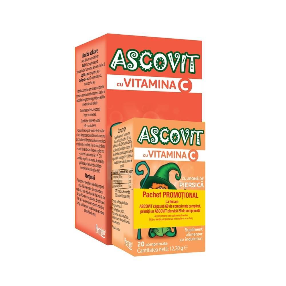 Pachet Ascovit cu Vitamina C cu arama de capsuni 60 coprimate + Ascovit cu Vitamina C cu aroma de piersica 100 mg x 20 comprimate, Perrigo