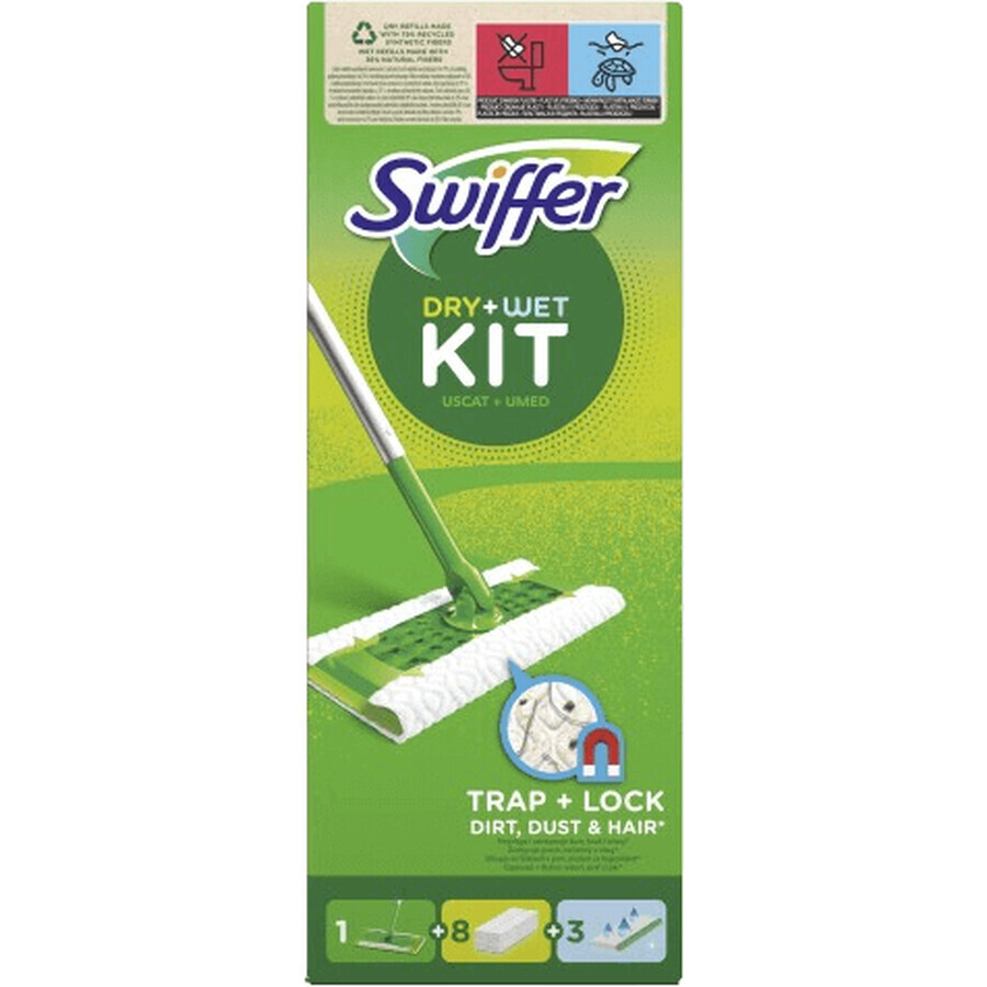 Swiffer Starter Set cu 1 mâner, 8 șervețele uscate și 3 cârpe de curățare