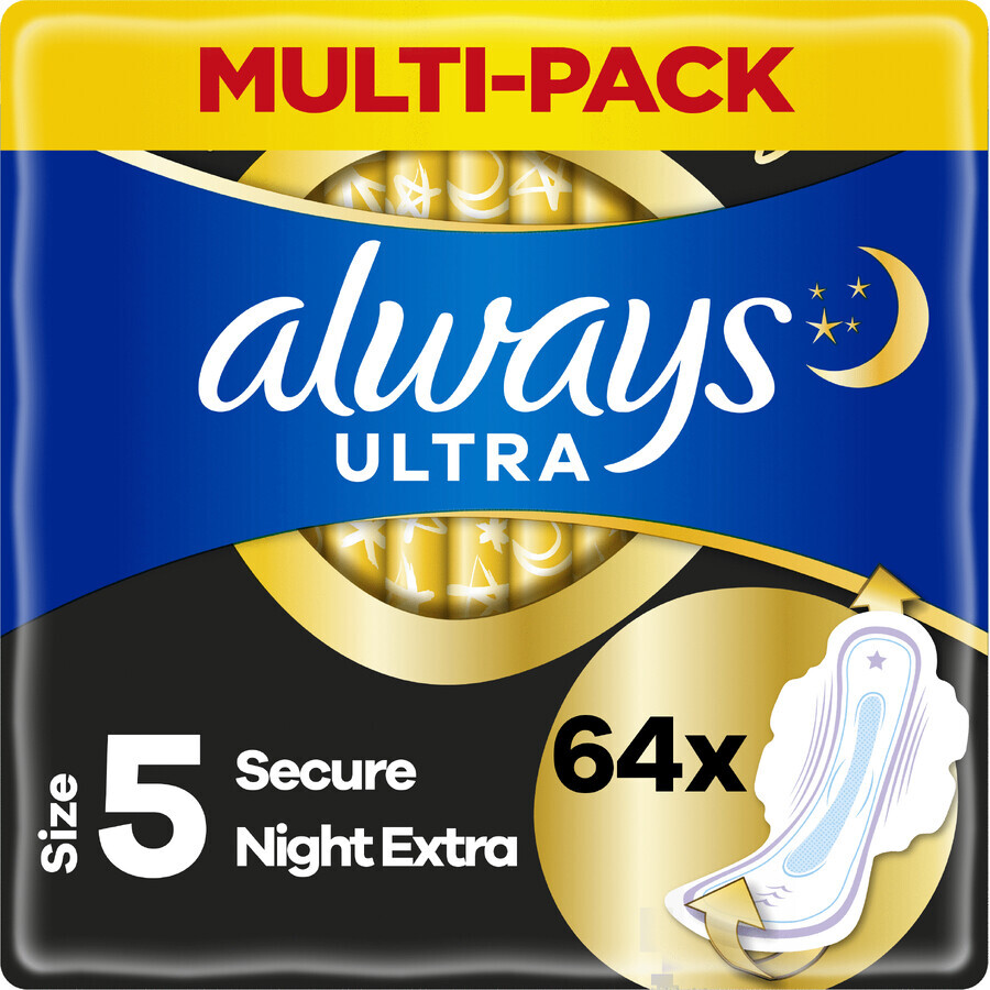 Always Ultra Secure Night Extra Sanitary Pads cu aripi 64 buc