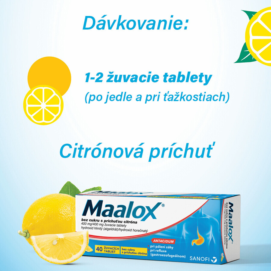 Maalox fără zahăr cu lămâie masticabil 40 comprimate