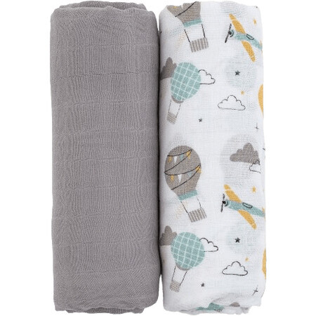 Petite&Mars Bamboo muslin blanket Misty Grey Planes 2in1, 120 x 120 cm 2 pieces