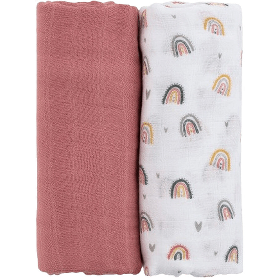 Petite&Mars Couverture en mousseline de bambou Misty Rose Rainbow 2en1, 120 x 120 cm 2 pièces