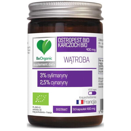 BeOrganic Cardo Ecológico 3% + Alcachofa Ecológica 2,5%, 400mg (50 cápsulas).