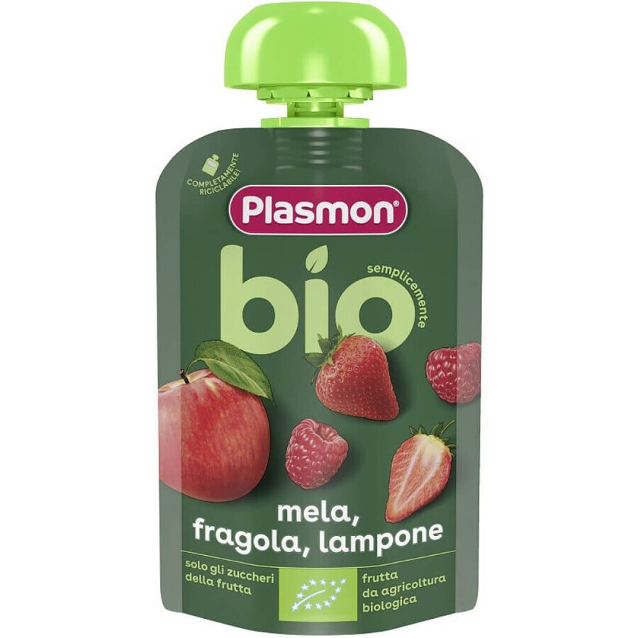 Purea biologica di fragole, lamponi e mele, + 6 mesi, 100 g, Plasmon