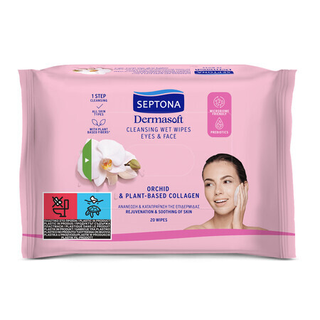 Dermasoft Orchid - Lingettes nettoyantes à base de collagène, 20 pièces, Septona