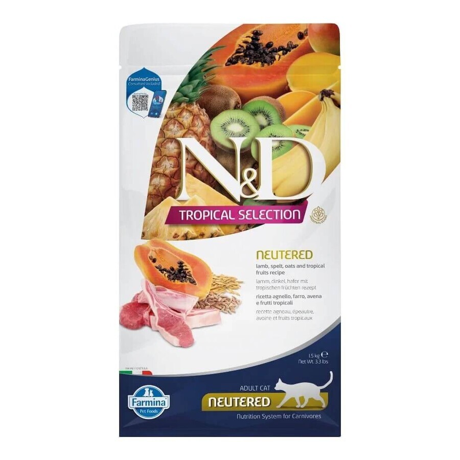 Hrana uscata cu miel pentru pisici N&D Tropical Selection Adult Sterilizat, 1500 g, Farmina