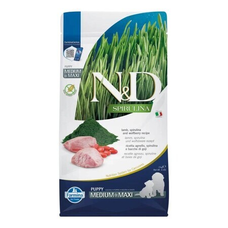 Hrana uscata cu miel pentru caini N&D Spirulina Medium/Maxi Puppy, 2000 g, Farmina