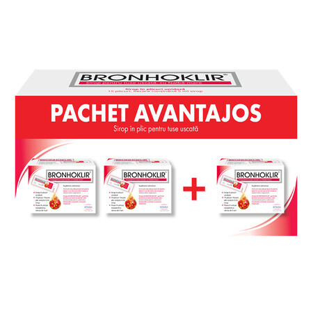 Pachet Bronhoklir sirop tuse uscata 2+1, 3 x 15 plicuri, Stada