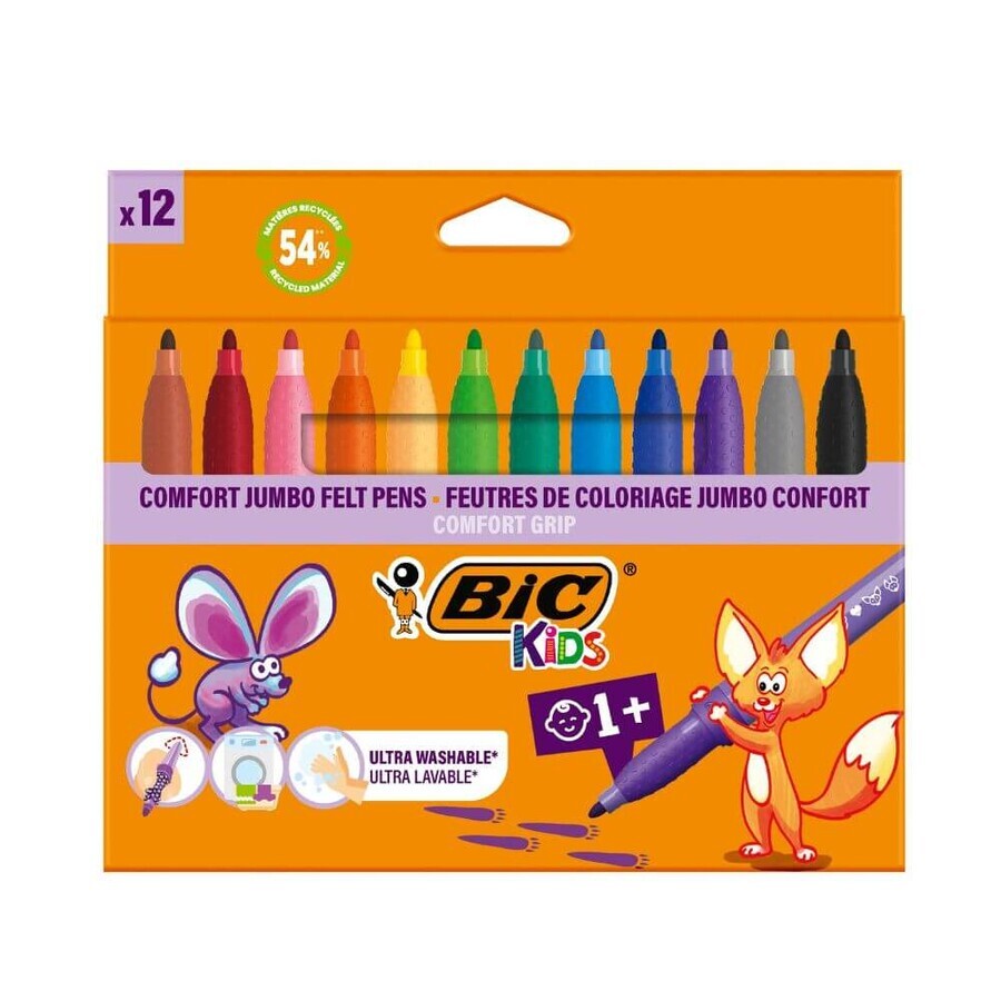 Markere colorate ultralavabile Jumbo, 12 buc, BIC