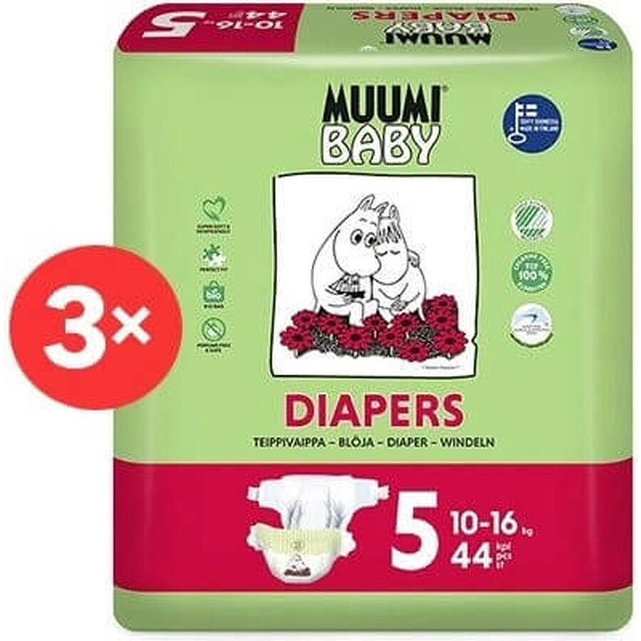 Muumi Baby 5 Maxi+ 10-16 kg, pachet lunar de scutece ecologice 1×132pcs, Scutece ECO