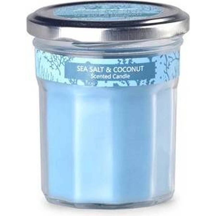 Emocio Bottiglia blu con coperchio di latta Candela profumata al sale marino e cocco 1×1 pz, dimensioni 69 x 85 mm