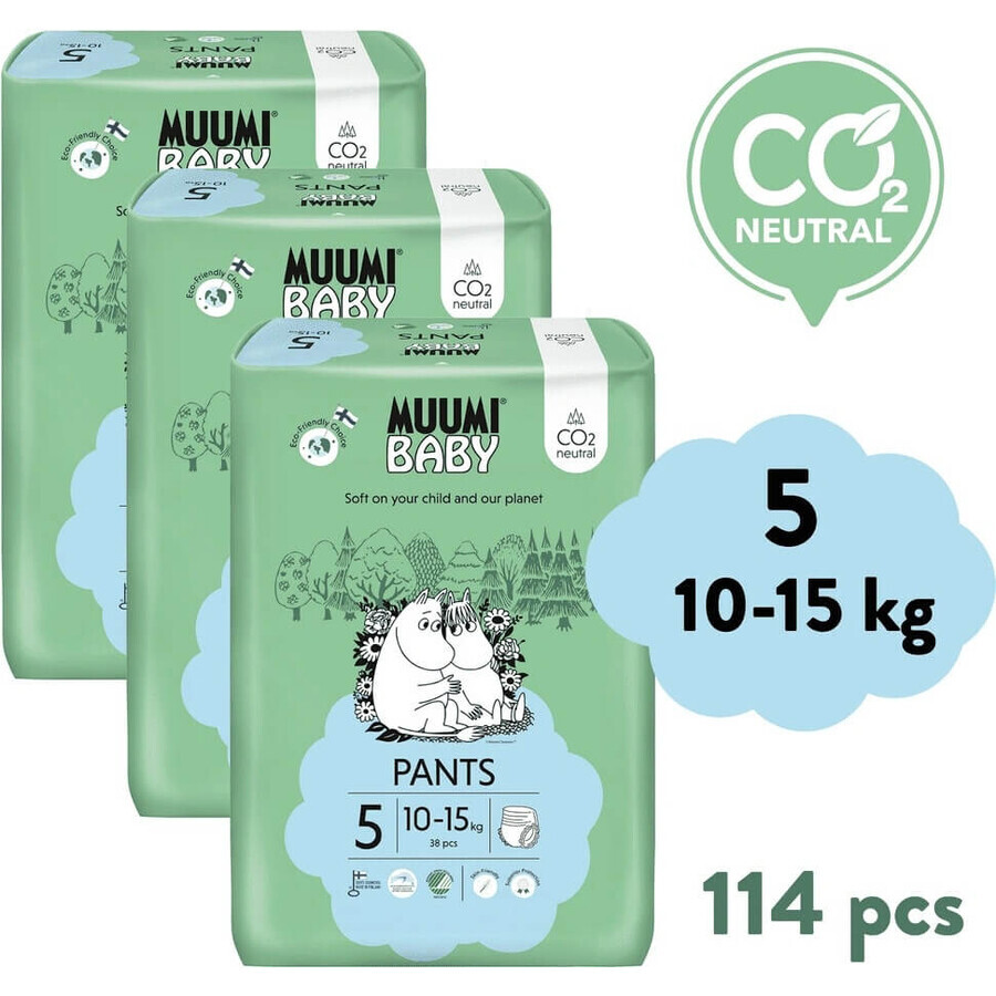 Muumi Baby Pants 5 Maxi+ 10-15 kg, paquet mensuel de culottes de protection 1×114pcs, culottes de protection écologiques