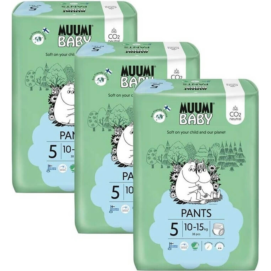 Muumi Baby Pants 5 Maxi+ 10-15 kg, paquet mensuel de culottes de protection 1×114pcs, culottes de protection écologiques