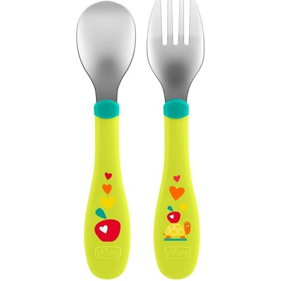 Chicco Stainless steel spoon/fork, 18m+ - green 1× spoon;1× fork