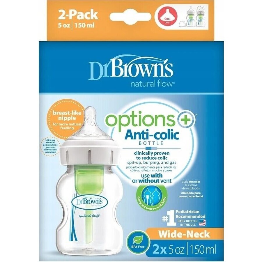 Dr.BROWN´S Feeding Bottle OPTIONS+ 150 ml duopack 1×2 pcs, anti-colic feeding bottle 0m+