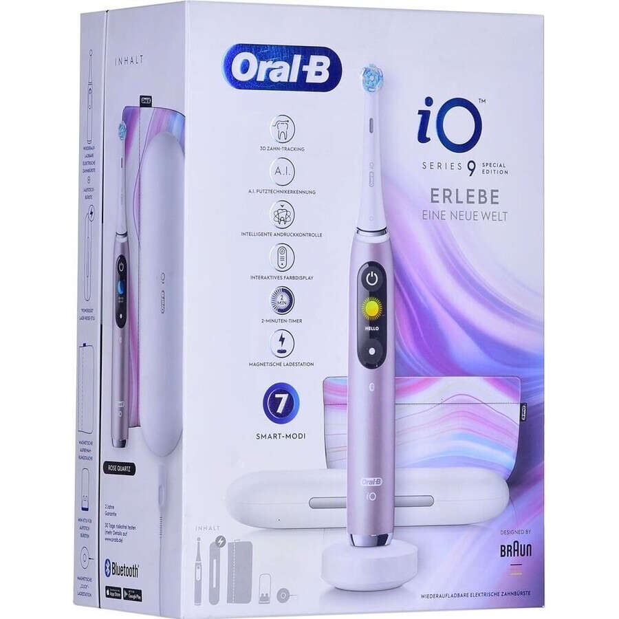 Oral B EK iO Series 9 Rose Quartz + Zahnbürstenhalter + Reiseetui 1×1 Set, elektronische Zahnbürste