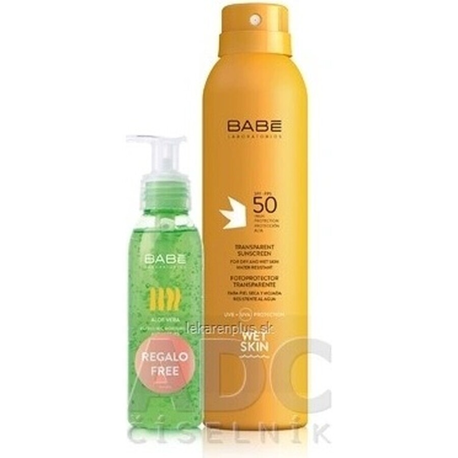 BABÉ SUN Sunscreen spray SPF 50 + Aloe vera gel, 1x1 set 1x200 + 90 ml, sunscreen spray + gift: cooling gel