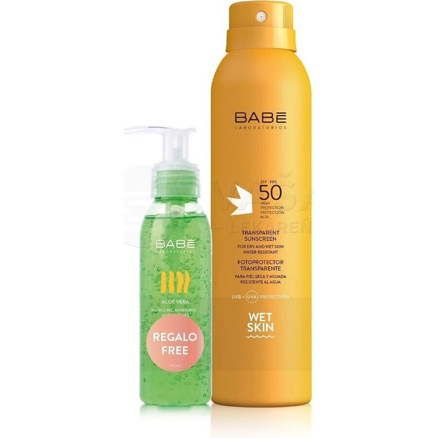 BABÉ SUN Sunscreen spray SPF 50 + Aloe vera gel, 1x1 set 1x200 + 90 ml, sunscreen spray + gift: cooling gel