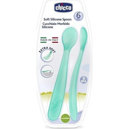 CHICCO Lingură din silicon 2 buc albastru 6m+ 1×1 buc, delicată pentru gingiile bebelușului