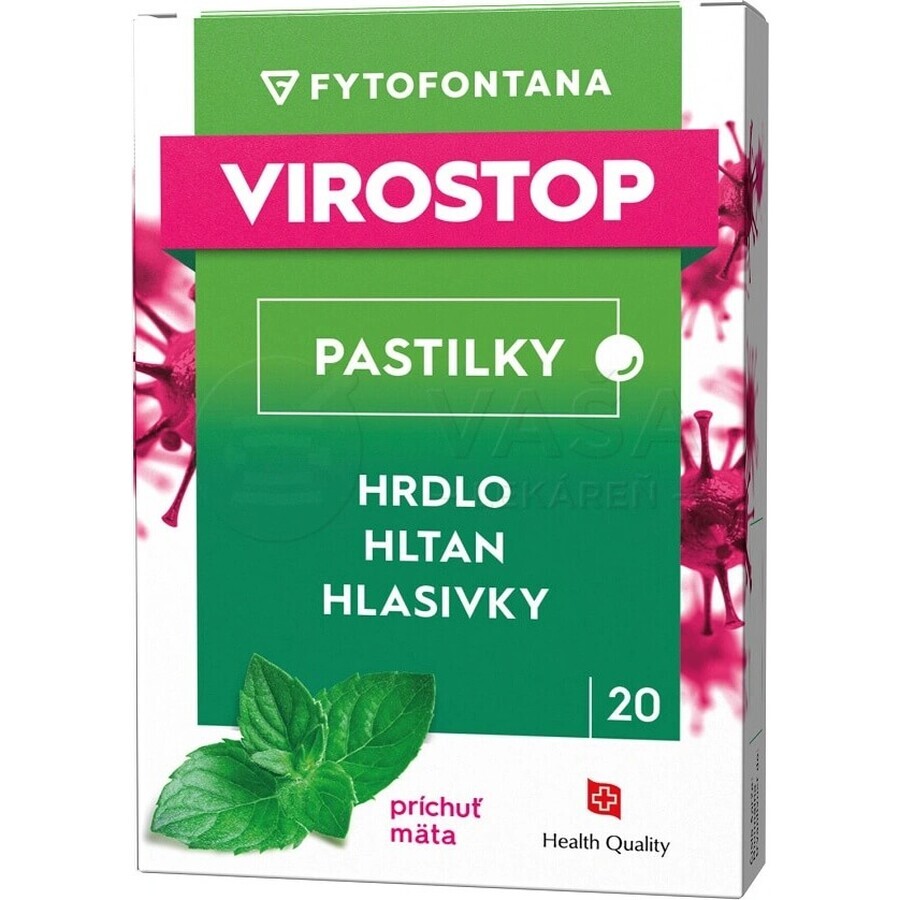 Pliculețe VIROSTOP - mentă 1×20 buc, supliment nutritiv pentru gât, faringe și corzi vocale