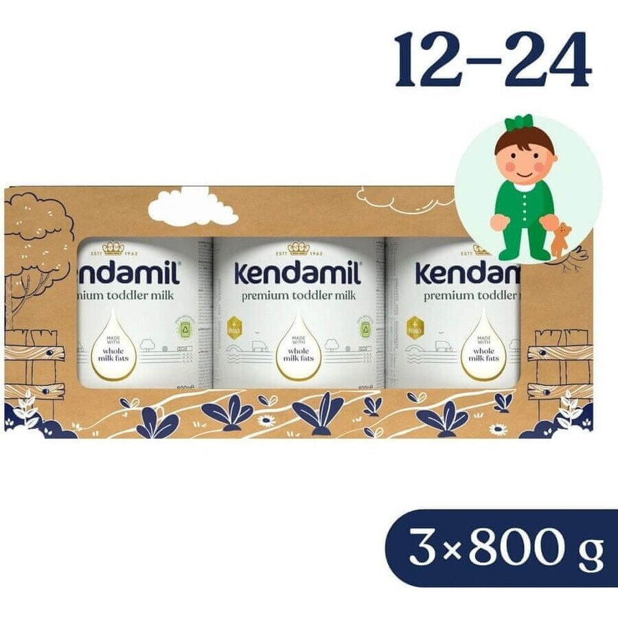 Kendamil Premium 3 HMO+, pack regalo creativo 3×800 g, leche para niños pequeños