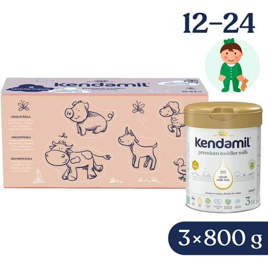 Kendamil Premium 3 HMO+, pack regalo creativo 3×800 g, leche para niños pequeños