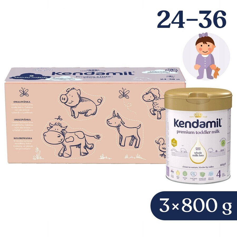 Kendamil Premium 3 HMO+, pack regalo creativo 3×800 g, leche para niños pequeños