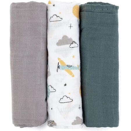 PETITE&MARS Bamboo Muslin Nappy Set 3pcs Moussy Grey Planes, 68 x 68 cm 1×3 pcs, nappy set