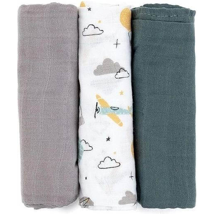 PETITE&MARS Bamboo Muslin Nappy Set 3pcs Moussy Grey Planes, 68 x 68 cm 1×3 pcs, nappy set