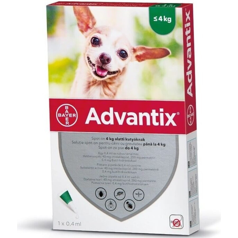 Advantix Spot-on per cani fino a 4 kg 4×0,4 ml, pipetta