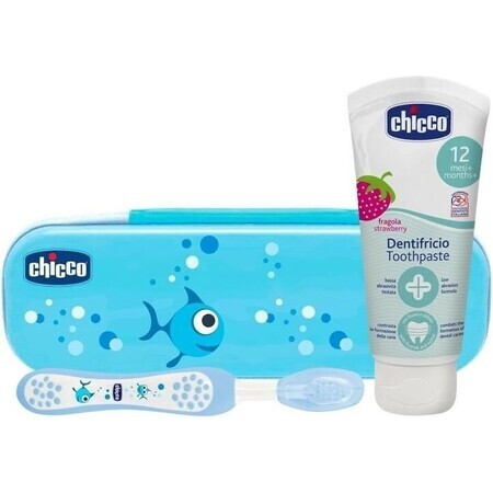 CHICCO Always Smiling tandenborstel en tandpasta set met doosje Always Smiling blauw 12m + 1×1 stuks