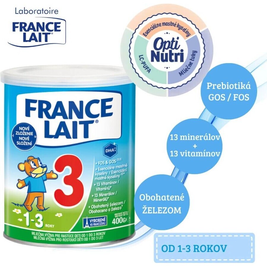 France Lait 3 Latte artificiale per bambini da 1 a 3 anni 1×400 g, latte artificiale (1-3 anni)