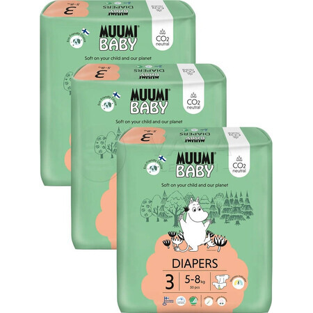 Muumi Baby 3 Midi 5-8 kg, 1×150pcs paquet mensuel de couches bio, ECO Nappies